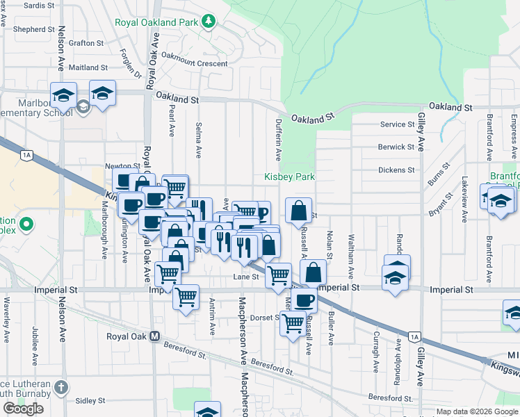 map of restaurants, bars, coffee shops, grocery stores, and more near 6498 Elgin Avenue in Burnaby
