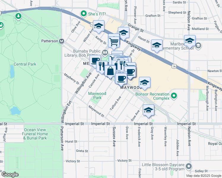 map of restaurants, bars, coffee shops, grocery stores, and more near 6398 Silver Avenue in Burnaby