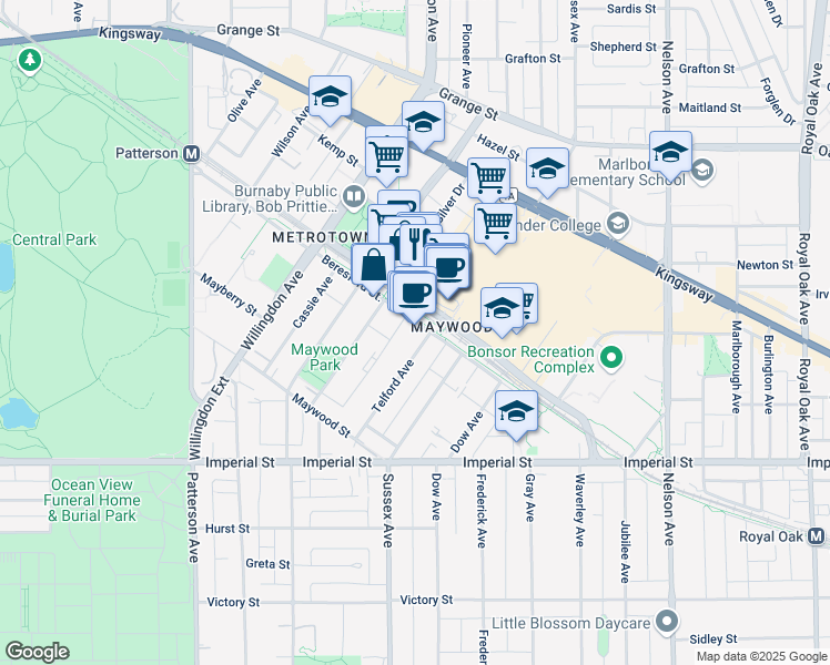map of restaurants, bars, coffee shops, grocery stores, and more near 6461 Telford Avenue in Burnaby