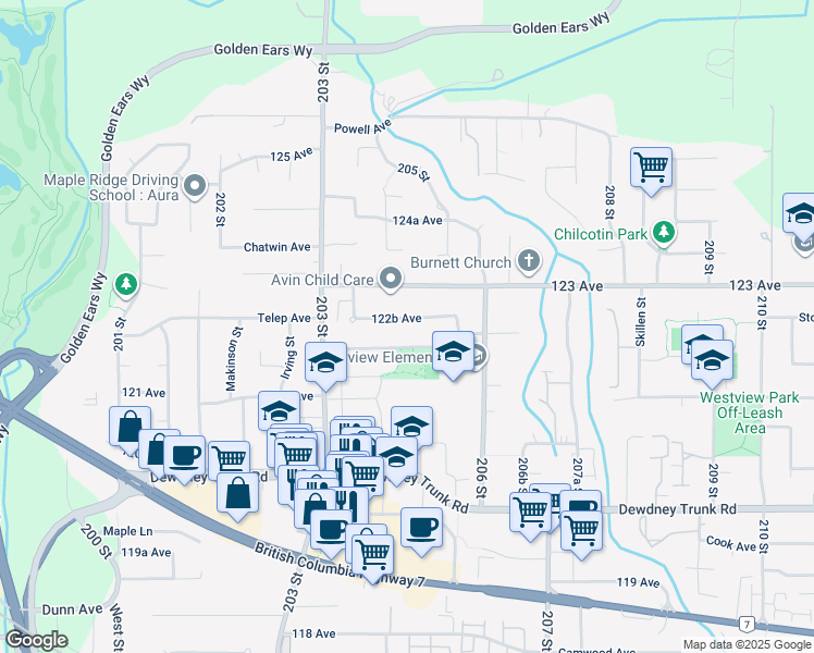 map of restaurants, bars, coffee shops, grocery stores, and more near 20498 122B Avenue in Maple Ridge