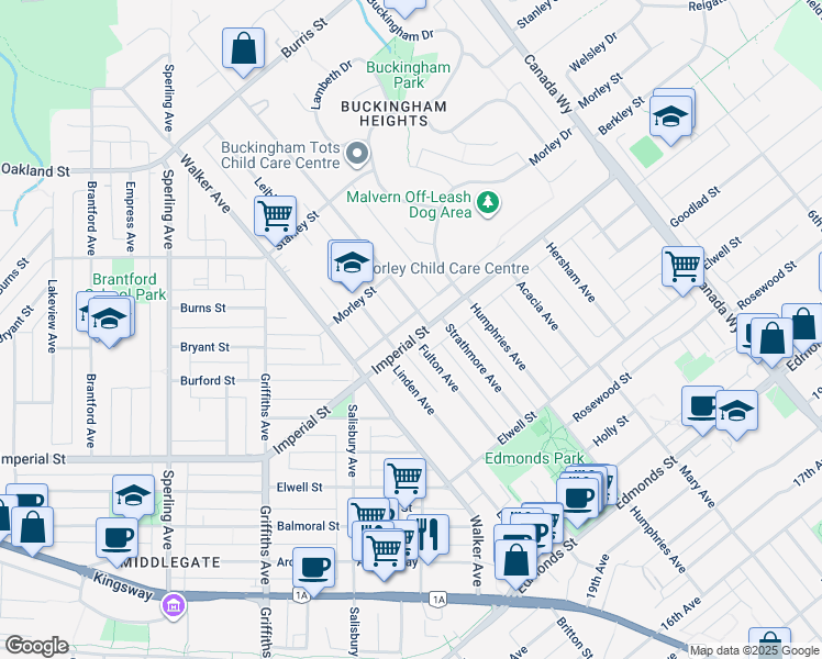 map of restaurants, bars, coffee shops, grocery stores, and more near 7381 Imperial Street in Burnaby