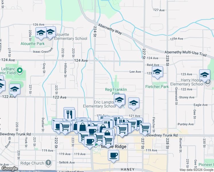 map of restaurants, bars, coffee shops, grocery stores, and more near 12268 224 Street in Maple Ridge