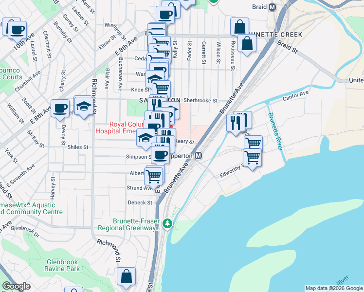 map of restaurants, bars, coffee shops, grocery stores, and more near 230 Keary Street in New Westminster
