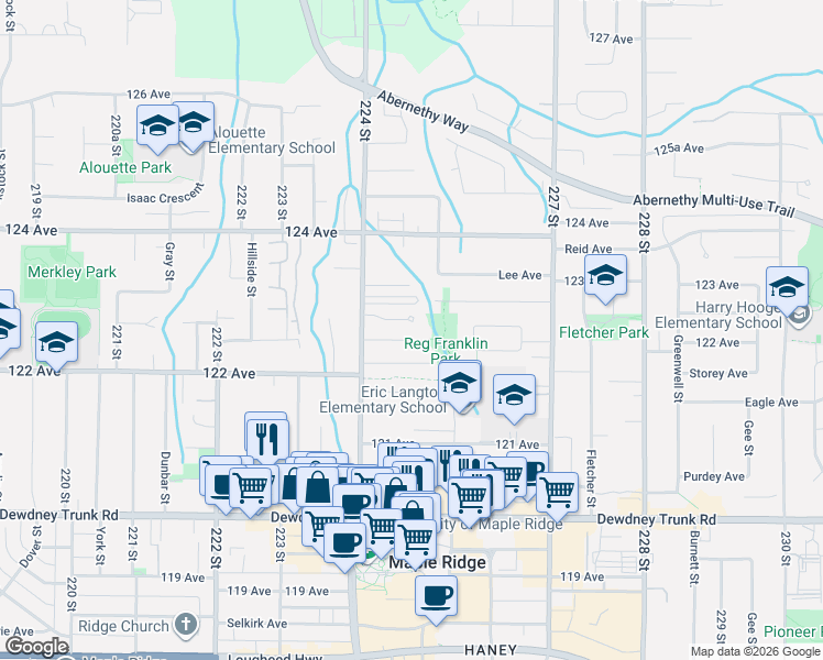 map of restaurants, bars, coffee shops, grocery stores, and more near 12296 224 Street in Maple Ridge