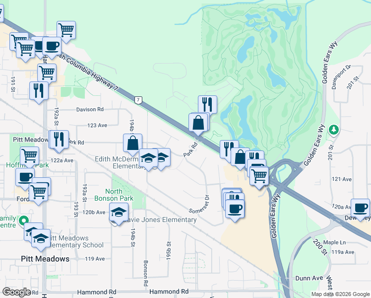 map of restaurants, bars, coffee shops, grocery stores, and more near 19627 Park Road in Pitt Meadows