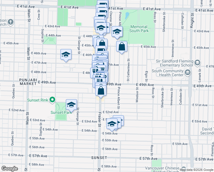 map of restaurants, bars, coffee shops, grocery stores, and more near 728 East 49th Avenue in Vancouver
