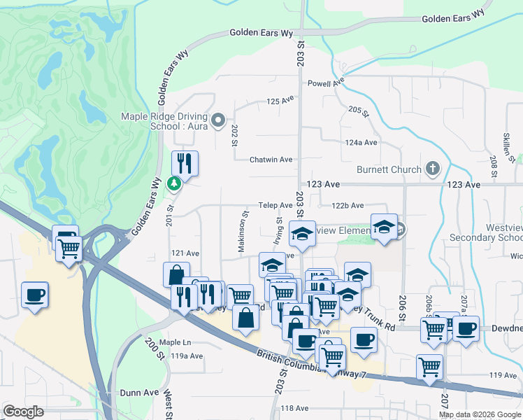 map of restaurants, bars, coffee shops, grocery stores, and more near 20290 Telep Avenue in Maple Ridge