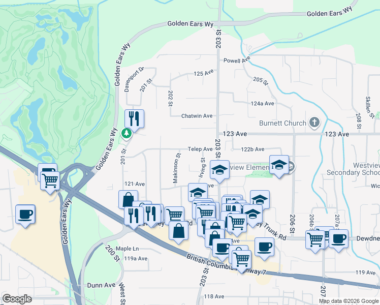 map of restaurants, bars, coffee shops, grocery stores, and more near 20271 Telep Avenue in Maple Ridge