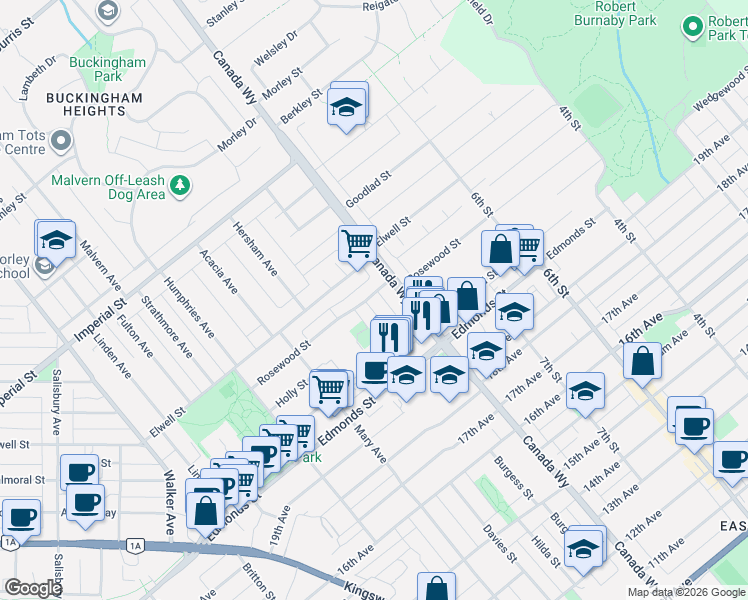 map of restaurants, bars, coffee shops, grocery stores, and more near 7000 Ramsay Avenue in Burnaby