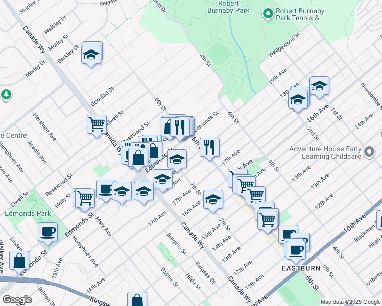 map of restaurants, bars, coffee shops, grocery stores, and more near 7879 19th Avenue in Burnaby
