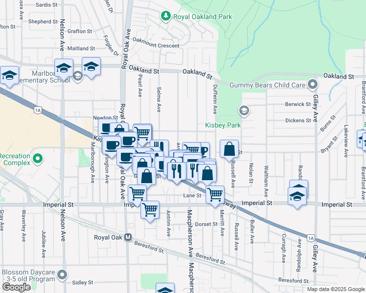 map of restaurants, bars, coffee shops, grocery stores, and more near 6508 Denbigh Avenue in Burnaby
