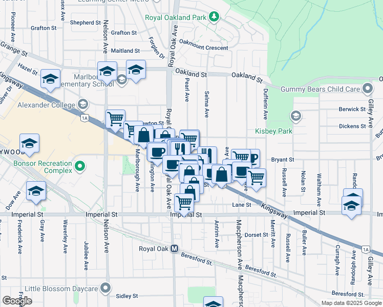 map of restaurants, bars, coffee shops, grocery stores, and more near 6469 Selma Avenue in Burnaby