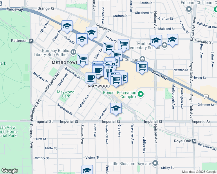 map of restaurants, bars, coffee shops, grocery stores, and more near 4720 Kingsway in Burnaby