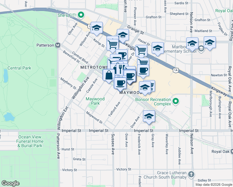 map of restaurants, bars, coffee shops, grocery stores, and more near 4458 Beresford Street in Burnaby