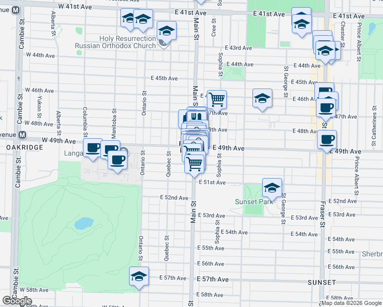 map of restaurants, bars, coffee shops, grocery stores, and more near 6533 Main Street in Vancouver