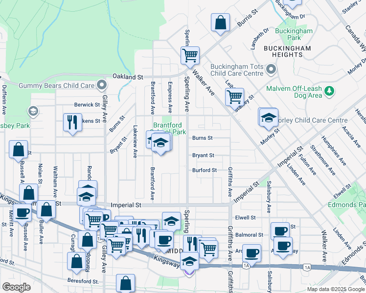 map of restaurants, bars, coffee shops, grocery stores, and more near 6475 Sperling Avenue in Burnaby