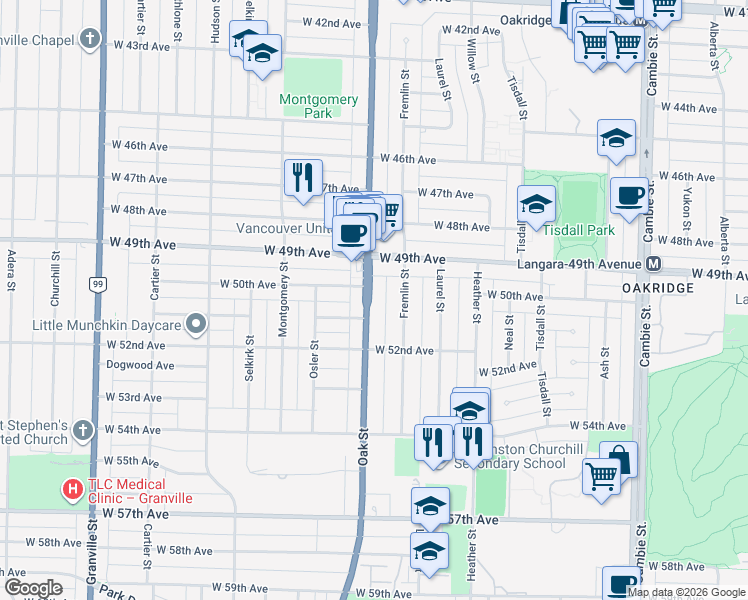 map of restaurants, bars, coffee shops, grocery stores, and more near 6630 Oak Street in Vancouver