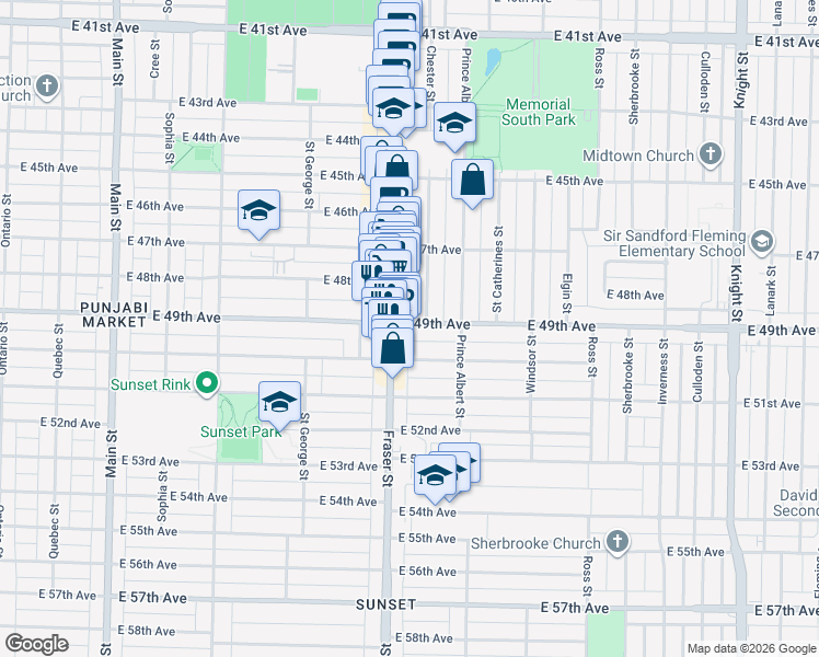 map of restaurants, bars, coffee shops, grocery stores, and more near 708 East 49th Avenue in Vancouver