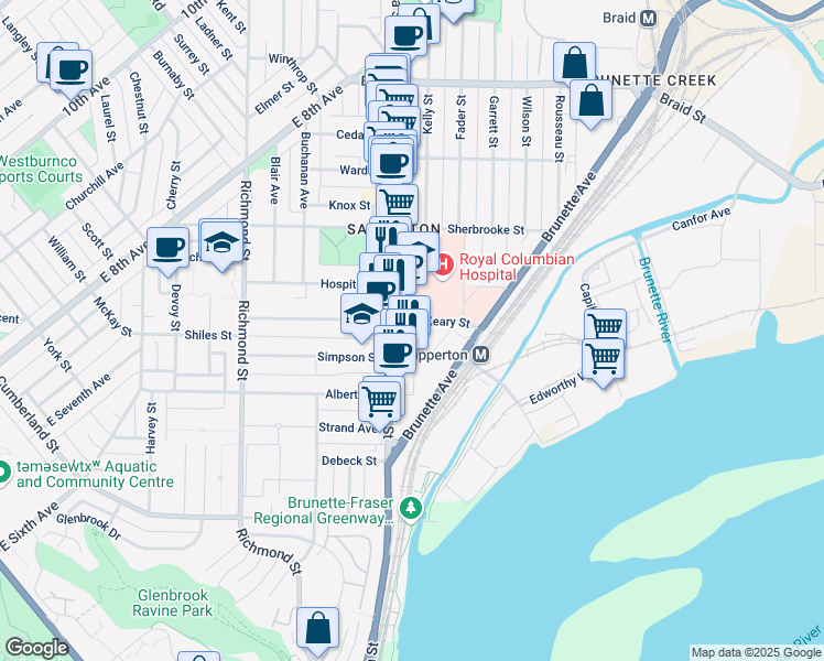 map of restaurants, bars, coffee shops, grocery stores, and more near 234 Keary Street in New Westminster