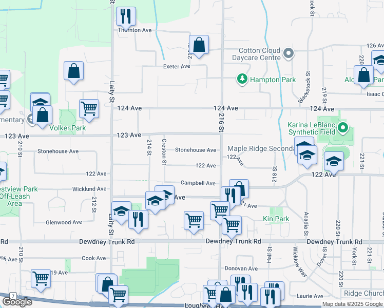 map of restaurants, bars, coffee shops, grocery stores, and more near 21512 Stonehouse Avenue in Maple Ridge