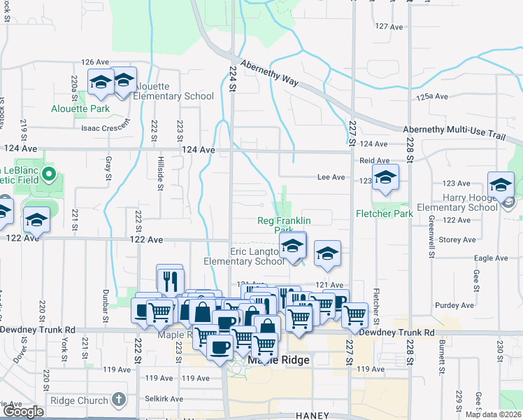 map of restaurants, bars, coffee shops, grocery stores, and more near 12296 224 Street in Maple Ridge