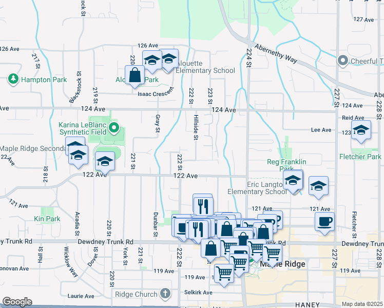 map of restaurants, bars, coffee shops, grocery stores, and more near 12275 Hillside Street in Maple Ridge