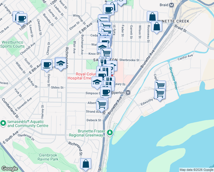 map of restaurants, bars, coffee shops, grocery stores, and more near 234 Keary Street in New Westminster