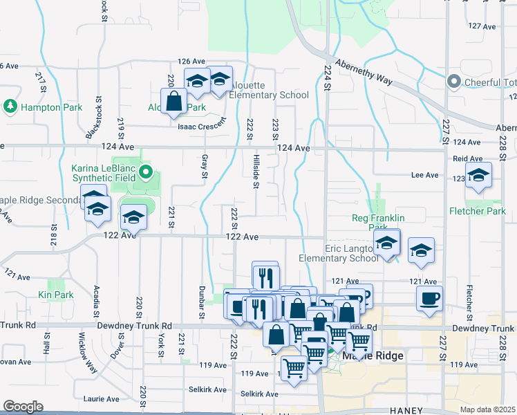 map of restaurants, bars, coffee shops, grocery stores, and more near 12286 Hillside Street in Maple Ridge