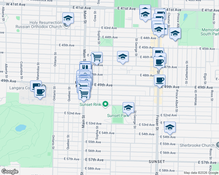 map of restaurants, bars, coffee shops, grocery stores, and more near 396 East 49th Avenue in Vancouver