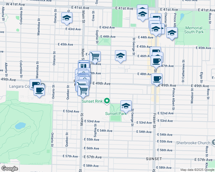 map of restaurants, bars, coffee shops, grocery stores, and more near 396 East 49th Avenue in Vancouver