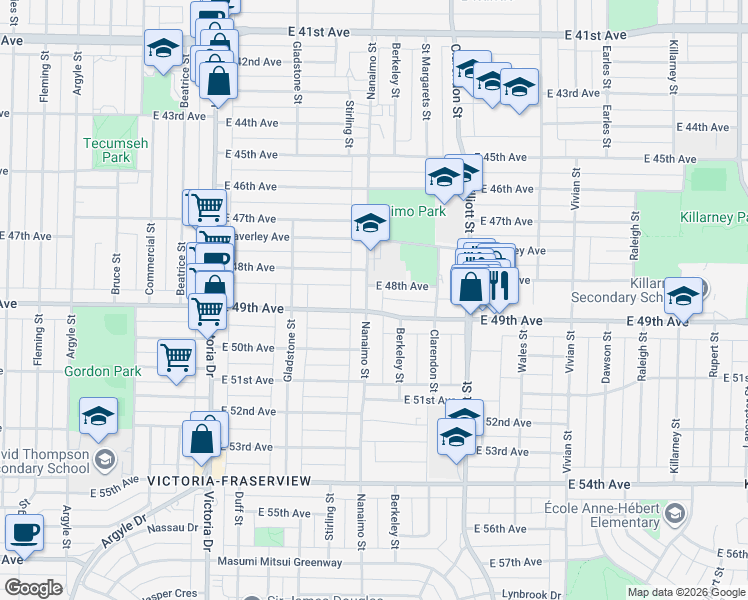 map of restaurants, bars, coffee shops, grocery stores, and more near 6462 Nanaimo Street in Vancouver