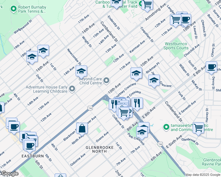 map of restaurants, bars, coffee shops, grocery stores, and more near 8357 10th Avenue in Burnaby