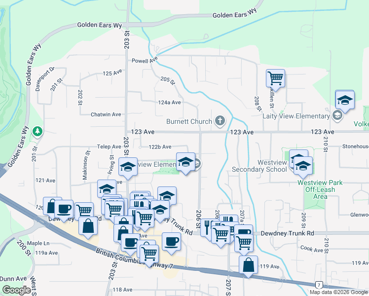 map of restaurants, bars, coffee shops, grocery stores, and more near 12 205B Street in Maple Ridge