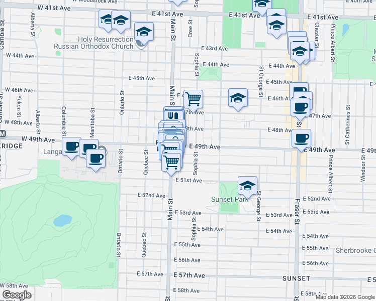 map of restaurants, bars, coffee shops, grocery stores, and more near 6526 Main Street in Vancouver