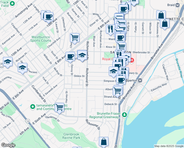 map of restaurants, bars, coffee shops, grocery stores, and more near 376 Keary Street in New Westminster