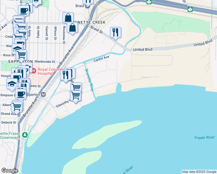 map of restaurants, bars, coffee shops, grocery stores, and more near 434 Capilano Way in New Westminster