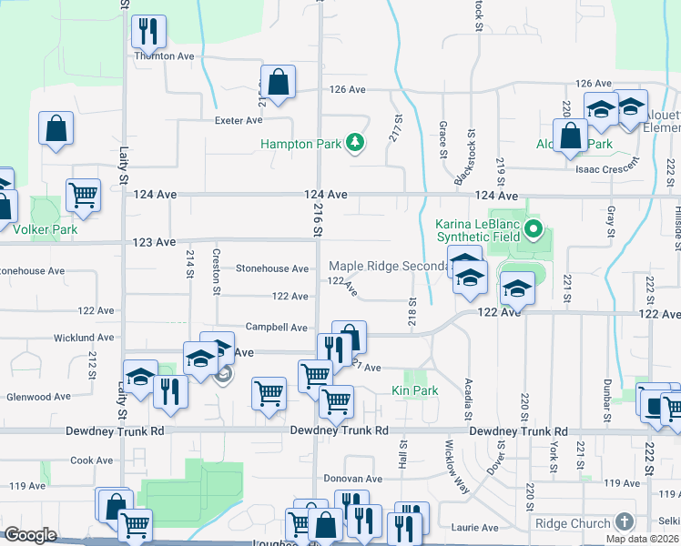 map of restaurants, bars, coffee shops, grocery stores, and more near 21645 Ridgeway Crescent in Maple Ridge