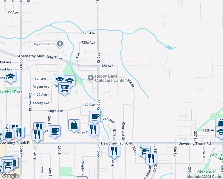 map of restaurants, bars, coffee shops, grocery stores, and more near 12276 Aurora Street in Maple Ridge