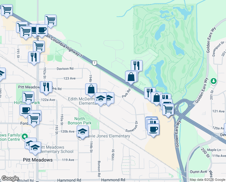 map of restaurants, bars, coffee shops, grocery stores, and more near 19567 Park Road in Pitt Meadows