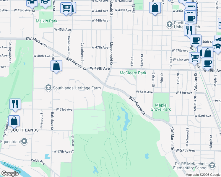 map of restaurants, bars, coffee shops, grocery stores, and more near 2778 Southwest Marine Drive in Vancouver