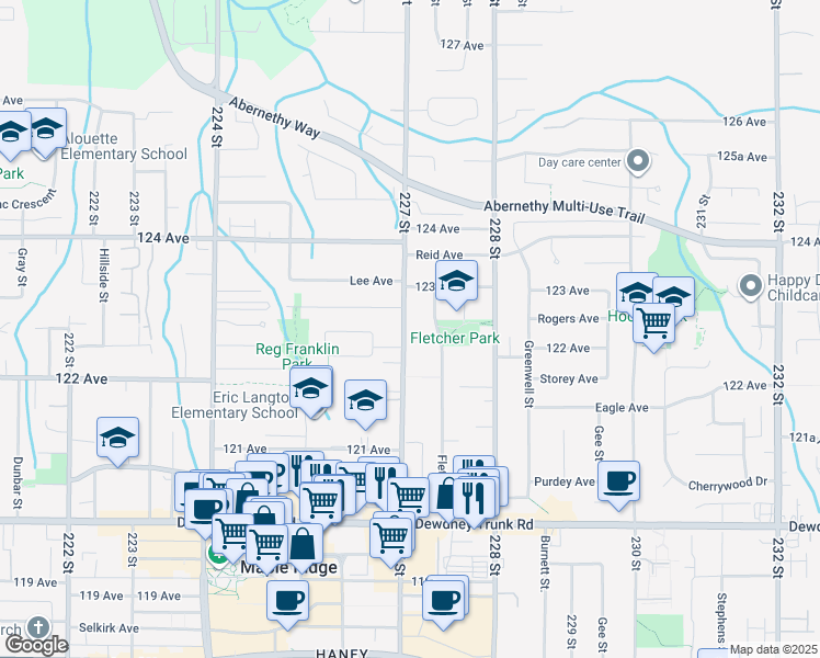 map of restaurants, bars, coffee shops, grocery stores, and more near 12272 227 Street in Maple Ridge