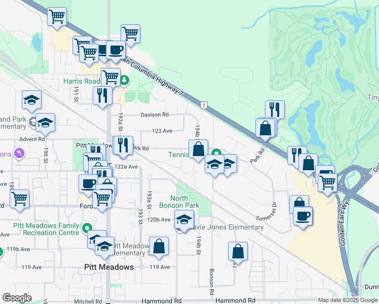 map of restaurants, bars, coffee shops, grocery stores, and more near 12263 Mcmyn Avenue in Pitt Meadows
