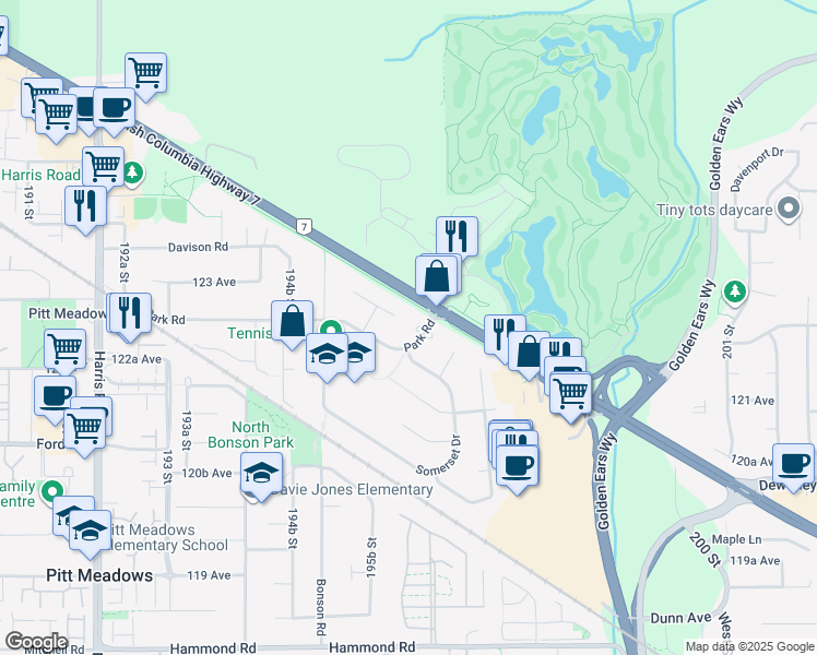 map of restaurants, bars, coffee shops, grocery stores, and more near 19627 Park Road in Pitt Meadows
