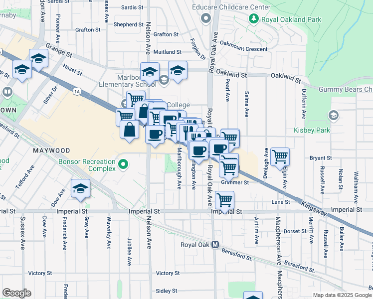 map of restaurants, bars, coffee shops, grocery stores, and more near 5068 Kingsway in Burnaby
