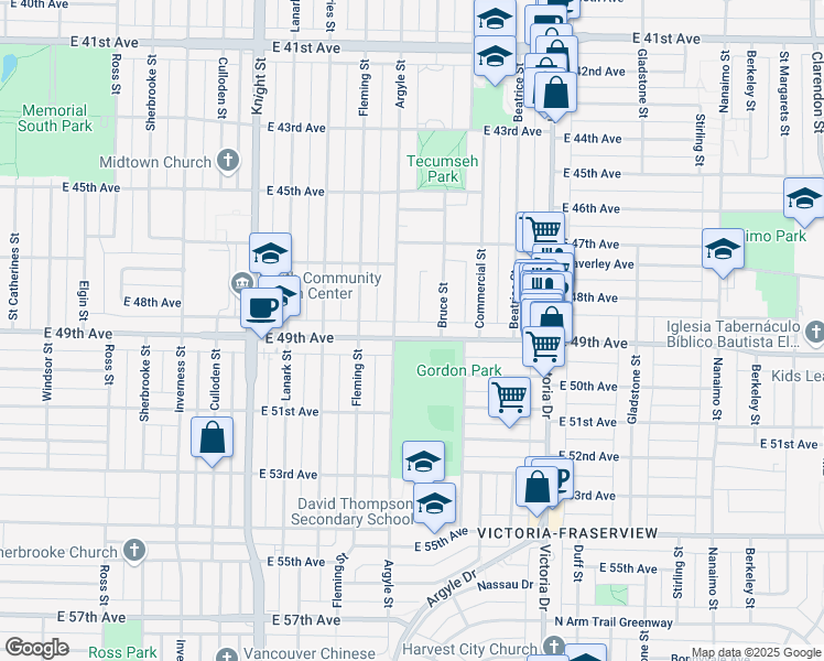 map of restaurants, bars, coffee shops, grocery stores, and more near 1717 East 49th Avenue in Vancouver