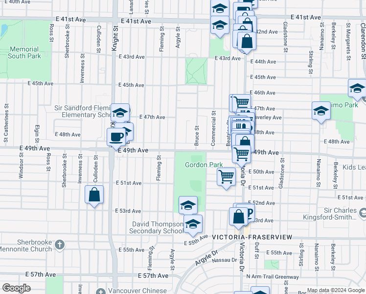 map of restaurants, bars, coffee shops, grocery stores, and more near 1717 East 49th Avenue in Vancouver
