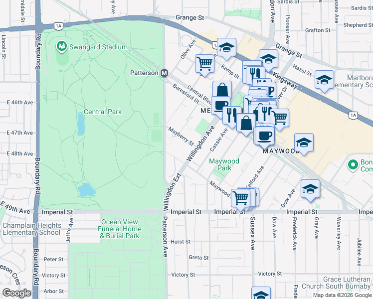 map of restaurants, bars, coffee shops, grocery stores, and more near 6455 Willingdon Avenue in Burnaby