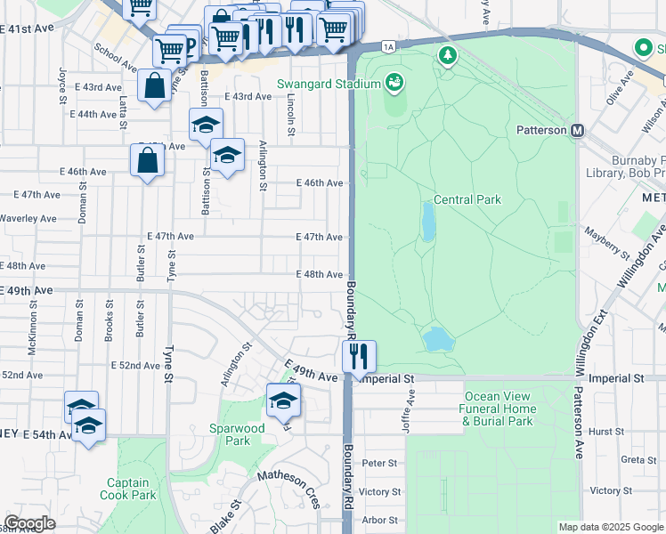 map of restaurants, bars, coffee shops, grocery stores, and more near 3673 East 48th Avenue in Vancouver