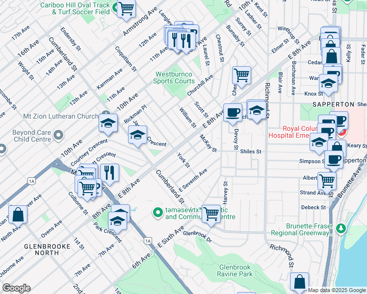 map of restaurants, bars, coffee shops, grocery stores, and more near 140 East 8th Avenue in New Westminster