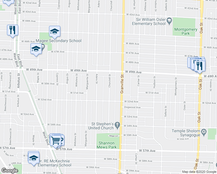 map of restaurants, bars, coffee shops, grocery stores, and more near 6663 Churchill Street in Vancouver